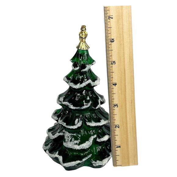 Fenton Glass CHRISTMAS TREE FIGURINE 6.5" LG Green Snow Frosted Gold Angel - Picture 7 of 8